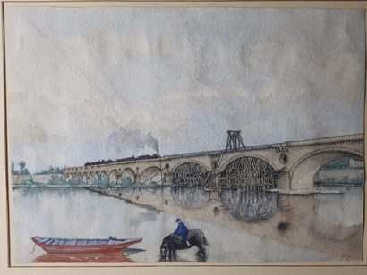 Charles PÉGUY (1873-1914) 
Pont sur la Loire
Dessin de jeunesse
Aquarelle monogrammée...