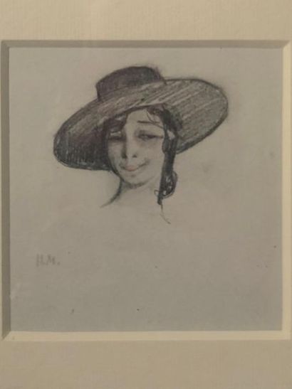 Henry de MONTHERLANT (1895-1972) 
Femme au chapeau
Crayon noir et touche de sanguine
Monogrammé...