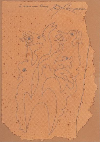 Paul ELUARD (1895-1952) 
Automatic drawing with animals
Black pencil on torn restaurant...