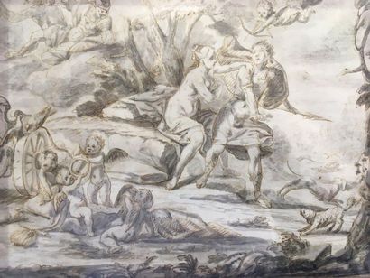 Ecole Italienne du XVIIIe siècle 
Venus et Adonis
Plume et encre brune et lavis gris...