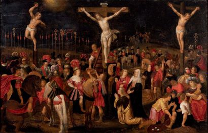 Attribué à Louis de CAULLERY (vers 1565-1622) 
La crucifixion entre les deux larrons
Panneau...