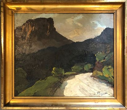 Lucien POIGNANT (1905-1941) Paysage montagneux Huile sur isorel Signé en bas à droite...