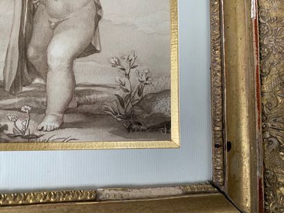Ecole française dans le goût du XVIIIe siècle 
Amour
Encre et lavis
17x17.5 cm.