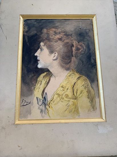 Gustave Jean JACQUET (1846-1909) 
Portrait de femme
Fusain et aquarelle signée en...