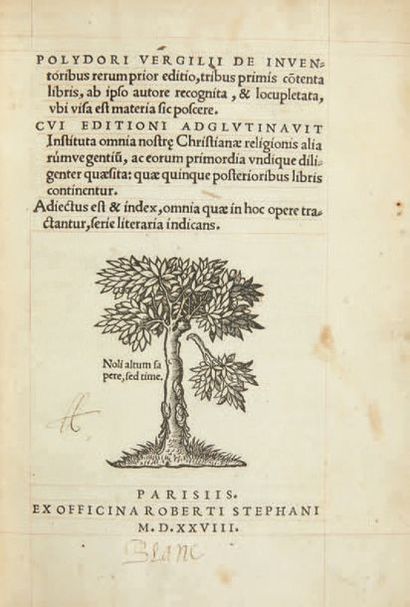 VERGILE (Polydore) De inventoribus rerum prior editio. Paris, Robert Estienne, 1528...