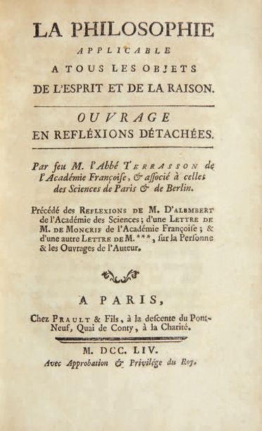 TERRASSON (l'abbé Jean) La Philosophie applicable à tous les objets de l'esprit et...