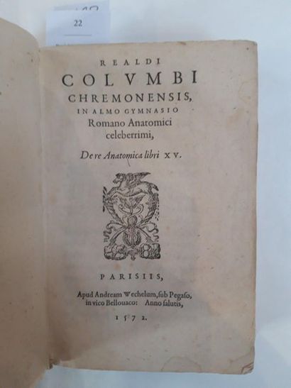 COLUMBUS (Realdus). De re Anatomica libri XV. Paris, André Wechel, 1572. In-8, soft...