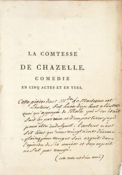 MONTESSON (Charlotte-Jeanne Béraud, marquise de)]. La Comtesse de Chazelle. Comédie...