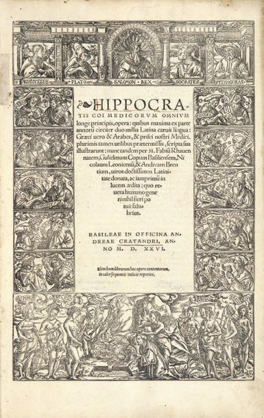 HIPPOCRATE. Opera. Basel, Andreas Cratander, [August] 1526. In folio, sowskin cold-stamped...