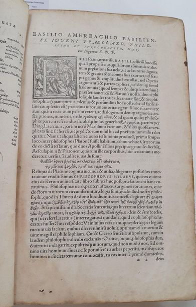 PLATON. Omnia opera [graecae]. Basel, Heinrich Petri, s.d. end]: March 1556. In-folio,...