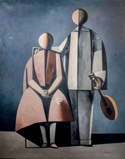 Duilio BARNABE dit DUBE (1914-1961) 
Couple with mandolin and fan
Oil on canvas signed...