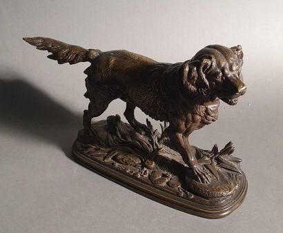 Edouard DELABRIÈRE (1829-1912), d'après Hunting dog on stop Bronze with brown patina,...