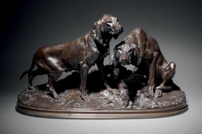 Pierre Jules MENE (1810-1879) 
Groupe de chiens au repos (race saintongeoise)
Bronze...
