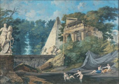 École FRANÇAISE de la fin du XVIIIe siècle 
Classical landscape with bathers
Watercolour...
