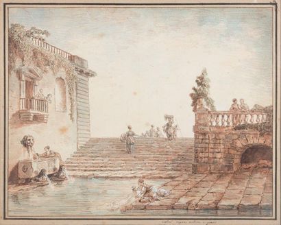 Hubert ROBERT (1733-1808) Vue animée de Gênes avec des lavandières Plume et encre...