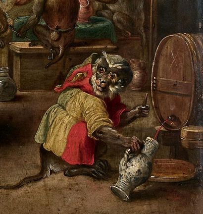 Ecole Flamande du XVIIIe siècle, suiveur de David TENIERS 
Monkeys in a tavern interior
Copper
10...