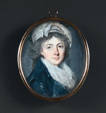 Mme Labille-Guillard, école de 
Portrait de jeune femme au turban et foulard blancs.
Miniature...