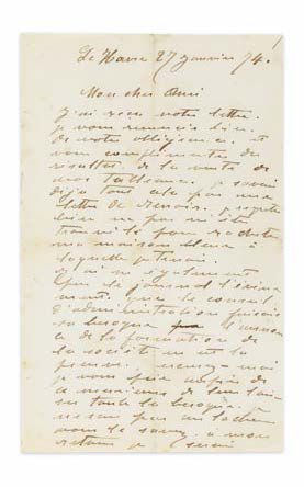 MONET (Claude). LETTRE AUTOGRAPHE SIGNEE A CAMILLE PISSARRO, datée Le Havre 27 janvier...