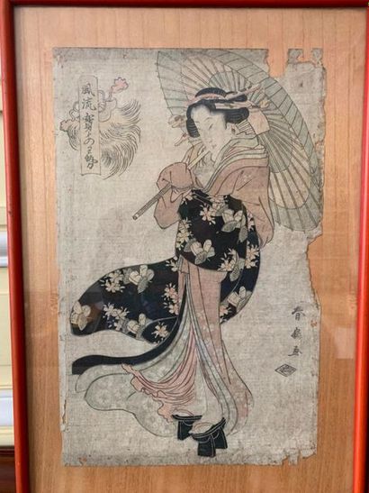 null Ensemble de deux estampes japonaises:
L'une figurant une femme à l'ombrelle,...