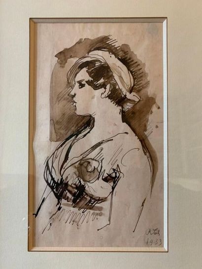 René THOMSEN (1897-1976) 
Woman in profile
Ink and wash
Monogrammed in dated 1933...