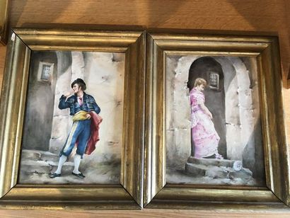 E. BONNET Painted Spanish
characters from porcelain plates
Signed and dated 85 lower...