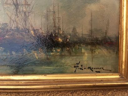 Jean Étienne KARNEC (1865-1934) 
Boats in port
Oil on mahogany panel
Signed lower...