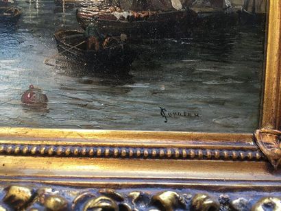 ECOLE FRANCAISE DU XIXème siècle 
Bateaux au port
Oil on panel
Signed lower right...