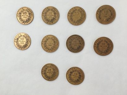 null Lot de 10 pièces de 10 Francs or

1855 ; 1858 (x2) ; 1859 (x2) ; 1860 ; 1863...