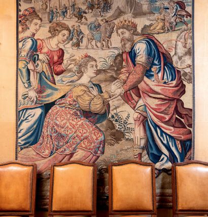 null Grand fragment de tapisserie représentant probablement la Reine de Saba.
Flandres,...