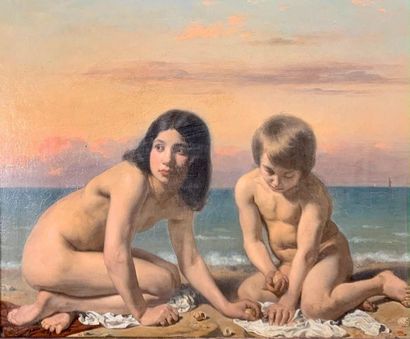 Louis Victor LAVOINE (1808-1861) 
Enfants jouant avec des coquillages
Huile sur toile...
