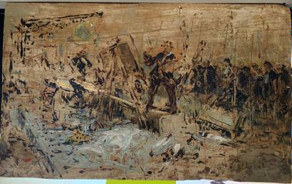 ANONYME, fin XIXe siècle 
Peintre au chevalet devant une assemblée (tenu pour Delacroix)
Huile...