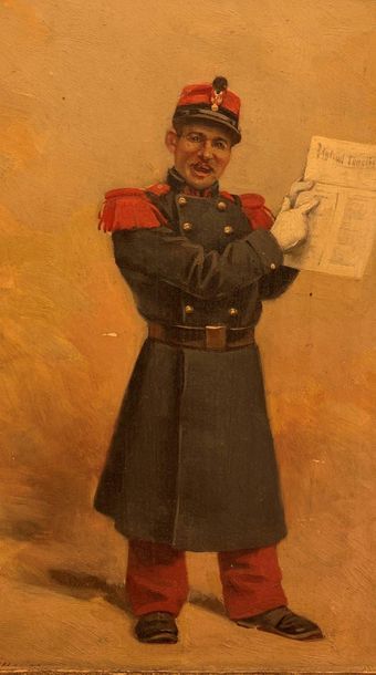 J. MANGE Soldier in the gazette
Oil on panel
Signed lower left 21.5x14 cm.