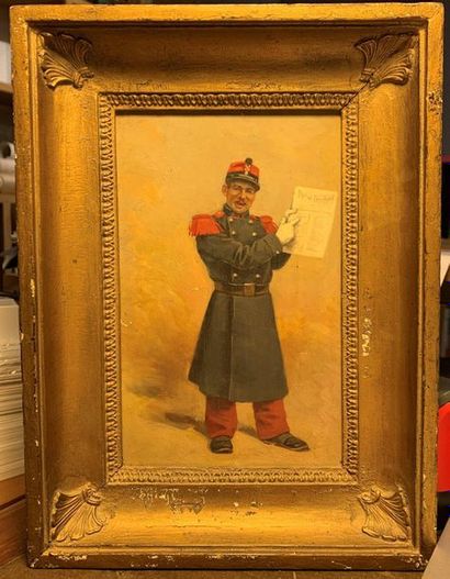 J. MANGE Soldier in the gazette
Oil on panel
Signed lower left 21.5x14 cm.