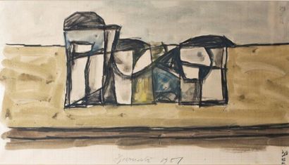 Duilio BARNABE dit DUBE (1914-1961) 
Still life
Charcoal and watercolour on checkered...