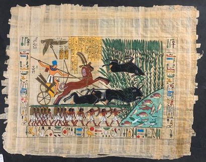null Lot de pièces encadrées comprenant des reproductions :
Deux papyrus égyptien,...