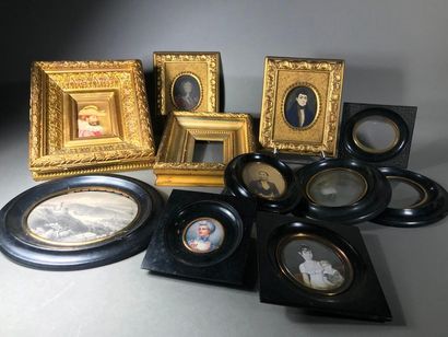 null Set of frames and miniatures including: 5 miniatures, an oval view photograph...