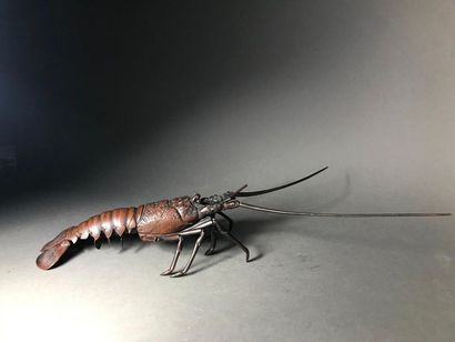 JAPON - Epoque MEIJI (1868 - 1912) 
Okimono en bronze à patine brune, langouste entièrement...