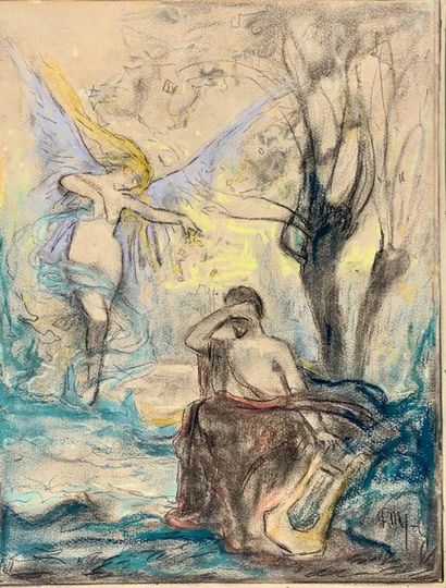 École du XIXe siècle 
Orphée et Eurydice
Suite de quatre pastels sur papier
Portant...