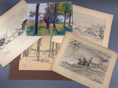 Pierre Chapuis ( 1863-1942) 
Lot de 15 dessins de Trilport d:
- Arbres à Trilport
Fusain...