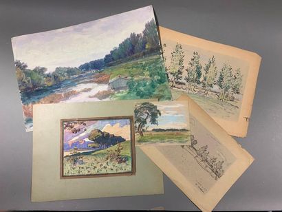 Pierre Chapuis ( 1863-1942) 
Lot de 5 oeuvres :
- Paysage au lac
Aquarelle et crayons...