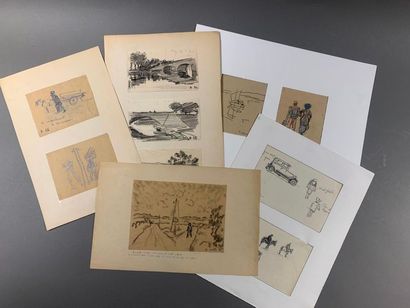 Pierre Chapuis ( 1863-1942) 
Lot of 5 studies:
- The road
Pencil lead on paper
Signed,...