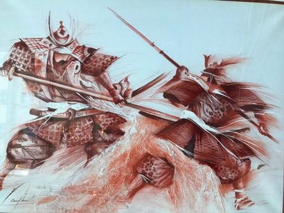 Raymond POULET (1934) 
Le duel
Sanguine et peinture sur papier
Signé
70 x 94 cm