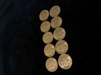 null Set of 10 pieces of 20F gold at the cockerel 1907