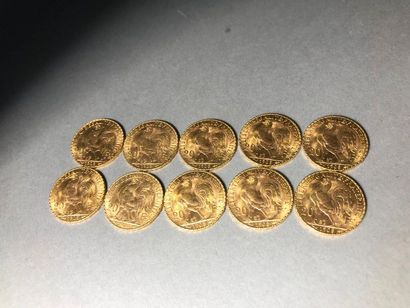 null Set of 10 pieces of 20F cockerel gold 1908