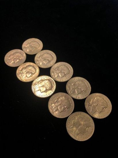 null Set of 10 pieces of 20F gold with cockerel

6 pieces from 1911; 4 pieces from...
