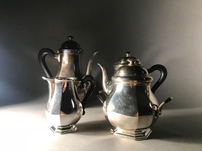 null Tea-coffee set In silver plated metal Cut off sides Wooden handles