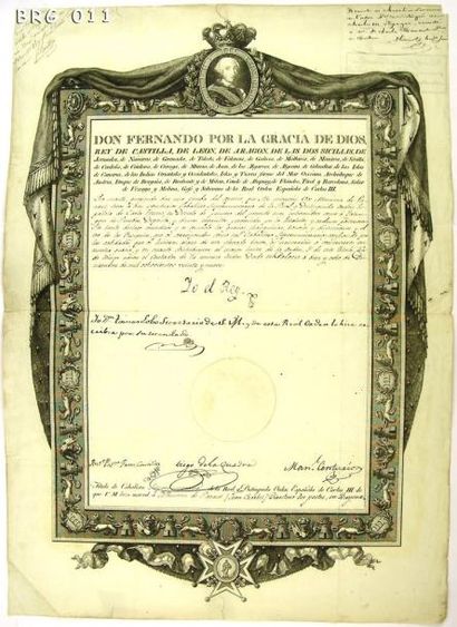 ESPAGNE Ordre de Charles III, brevet imprimé sur papier, bel encadrement gravé du...