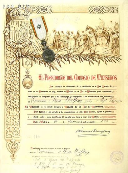 ESPAGNE D'un Légionnaire français: brevet de médaille de la Paix au Maroc, avec un...