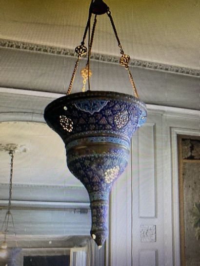 Lampe de mosquée En cuivre émaillé bleu et...