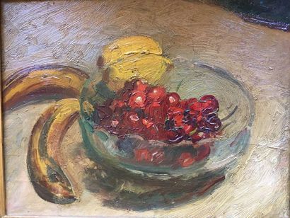 Edmond Amédée HEUZÉ Still life with cherries
Oil on canvas 25.5x33 cm.